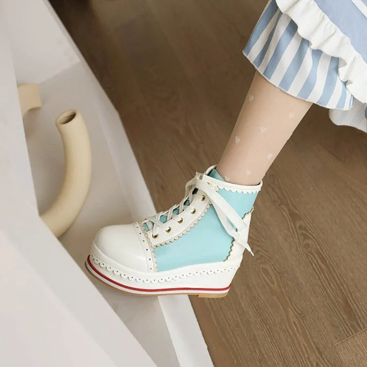 Women's Candy Color Lace Up Wedge Heel Platform Short Boots