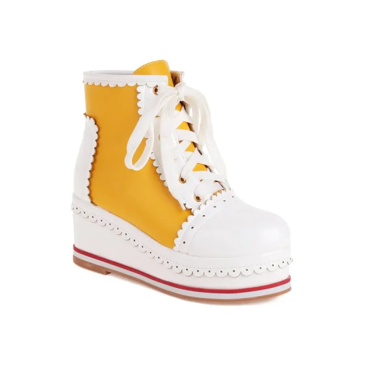 Women's Candy Color Lace Up Wedge Heel Platform Short Boots