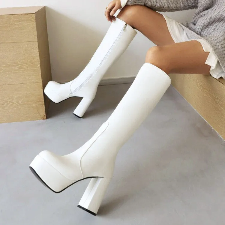 Women's Pu Leather Square Toe Side Zippers Block Chunky Heel Platform Knee High Boots