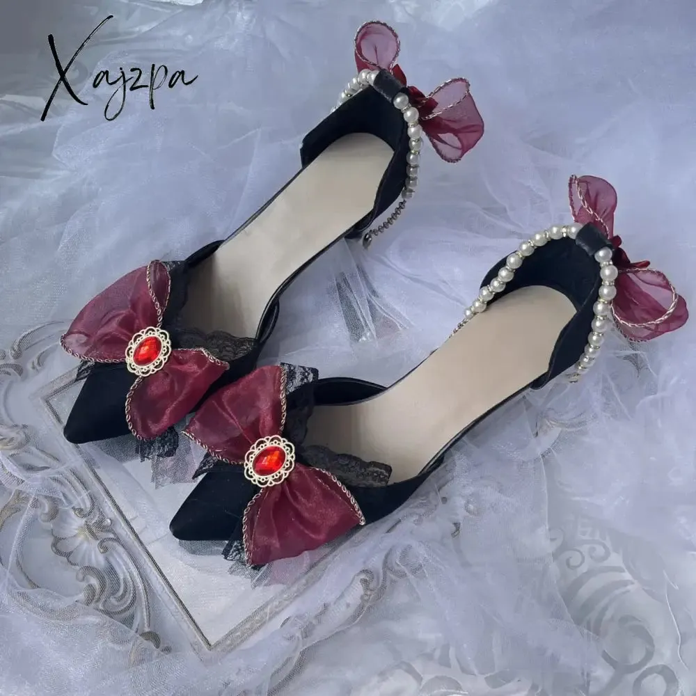 Xajzpa - Retro Court Style Cosplay Flower Wedding Girl Mysterious Elegant Tea Party Gem Pearl Bow Lace Silk Satin 9cm High Heeled Shoes