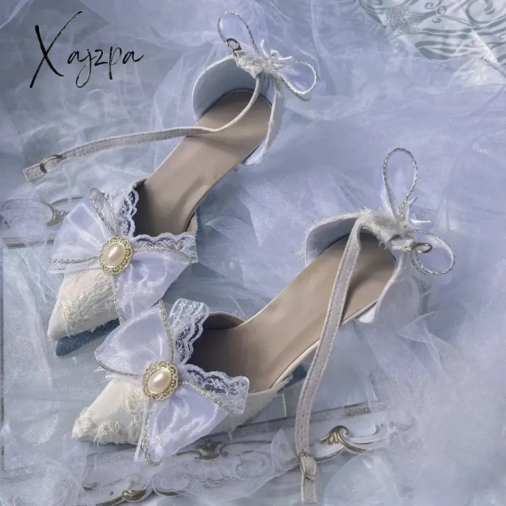 Xajzpa - Retro Court Style Cosplay Flower Wedding Girl Mysterious Elegant Tea Party Gem Pearl Bow Lace Silk Satin 9cm High Heeled Shoes