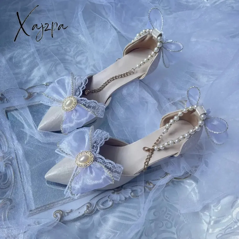 Xajzpa - Retro Court Style Cosplay Flower Wedding Girl Mysterious Elegant Tea Party Gem Pearl Bow Lace Silk Satin 9cm High Heeled Shoes