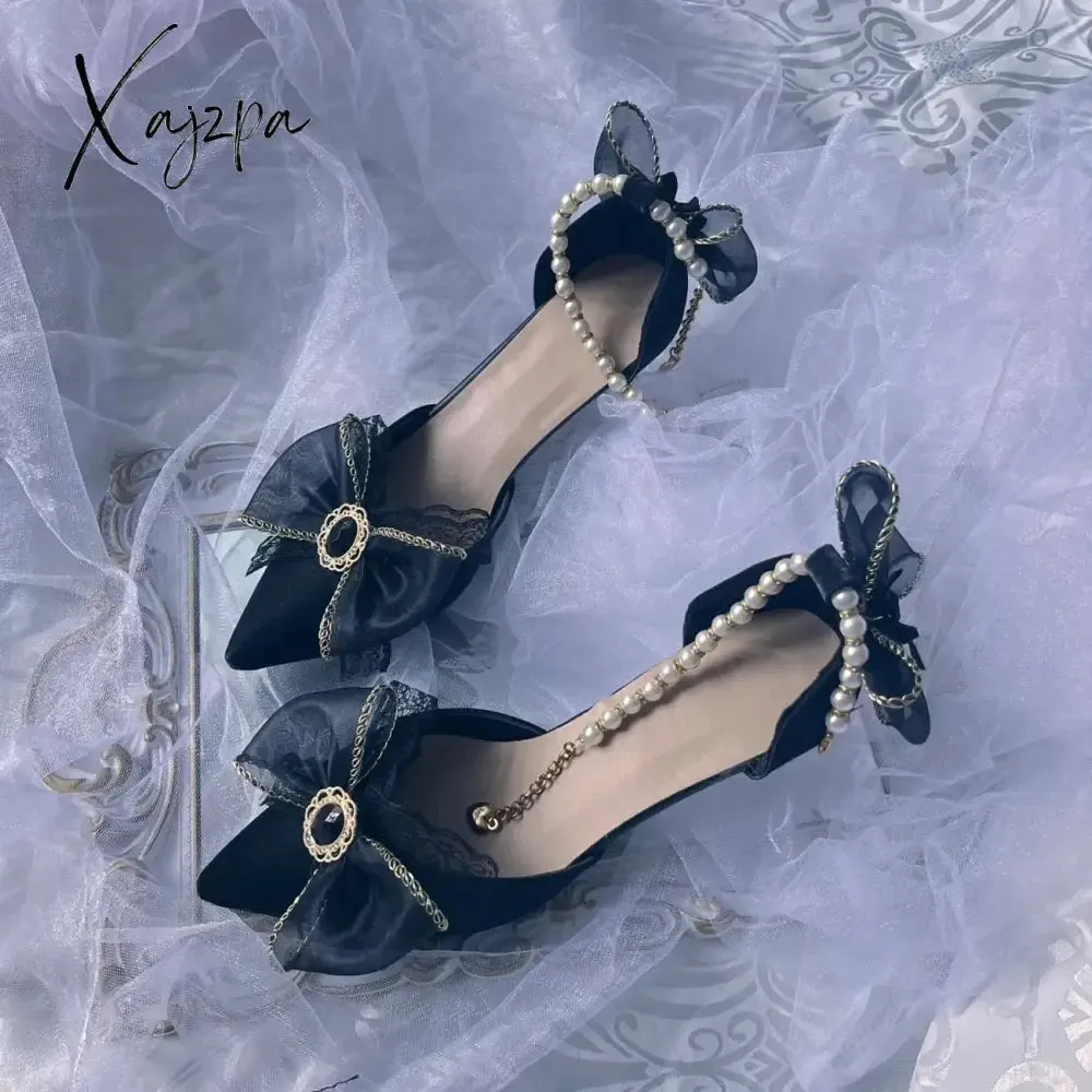 Xajzpa - Retro Court Style Cosplay Flower Wedding Girl Mysterious Elegant Tea Party Gem Pearl Bow Lace Silk Satin 9cm High Heeled Shoes