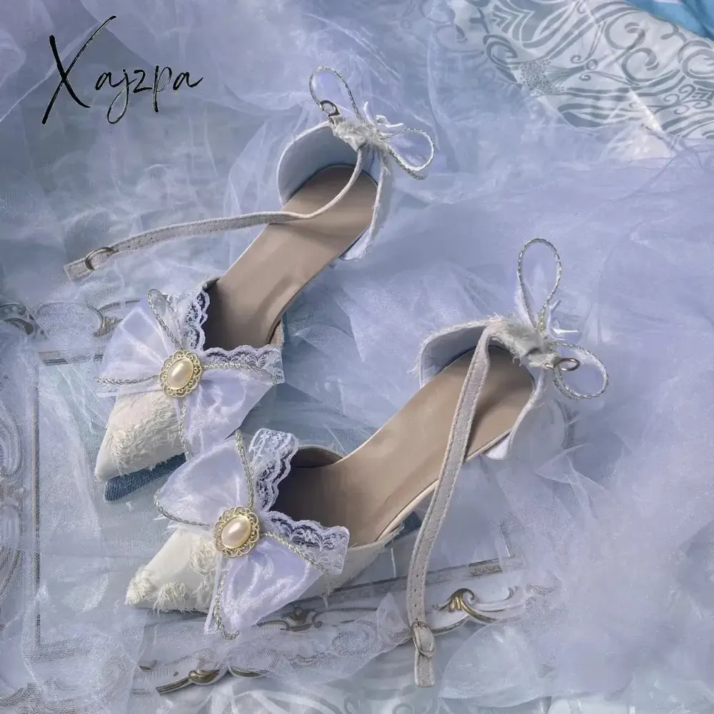 Xajzpa - Retro Court Style Cosplay Flower Wedding Girl Mysterious Elegant Tea Party Gem Pearl Bow Lace Silk Satin 9cm High Heeled Shoes